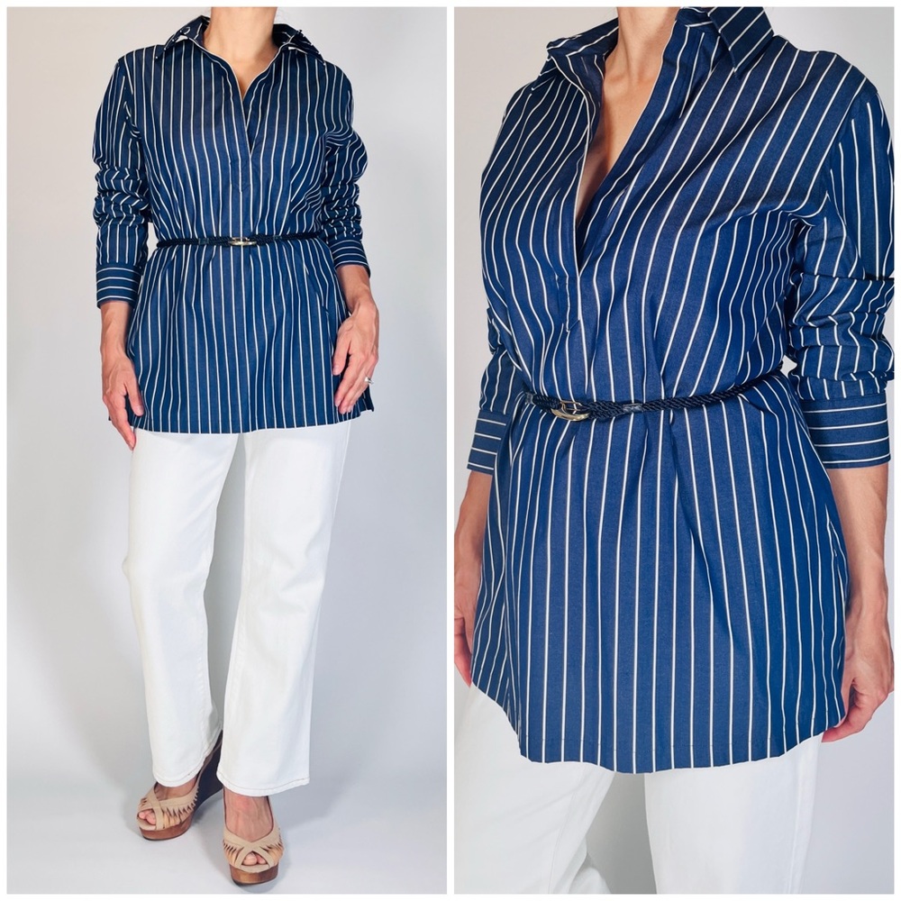Woman’s Lauren Ralph Lauren Cotton Striped Nautical Shirt Tunic Top L Navy Blue